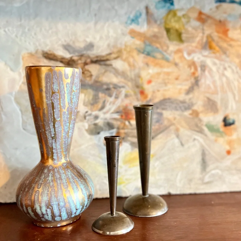 Pair of Mini Vases Mid Century Brass Candle Holders? MCM Decor Aged Patina